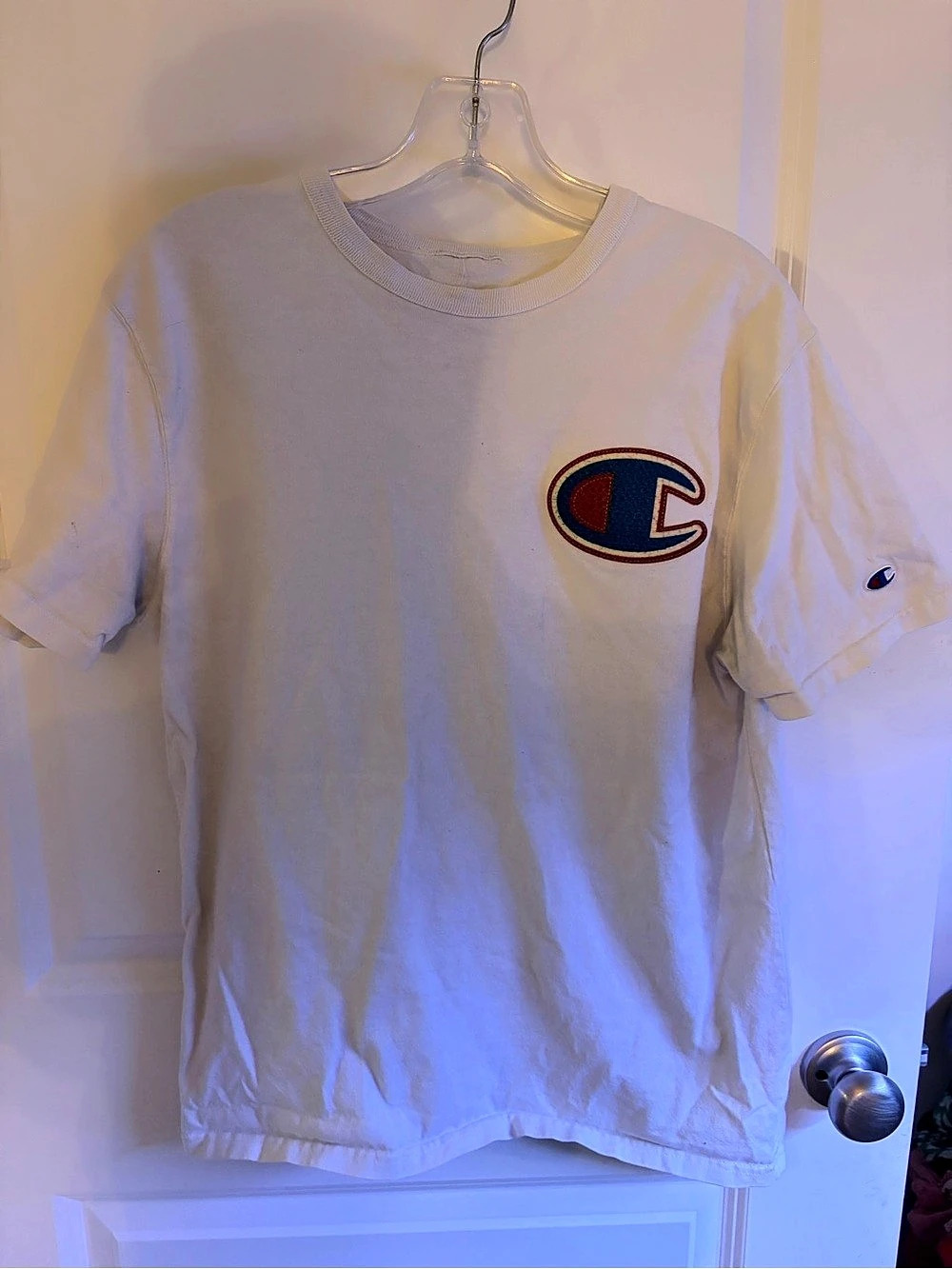 Vintage Champion Big C Chenille Patch Logo T-Shirt White